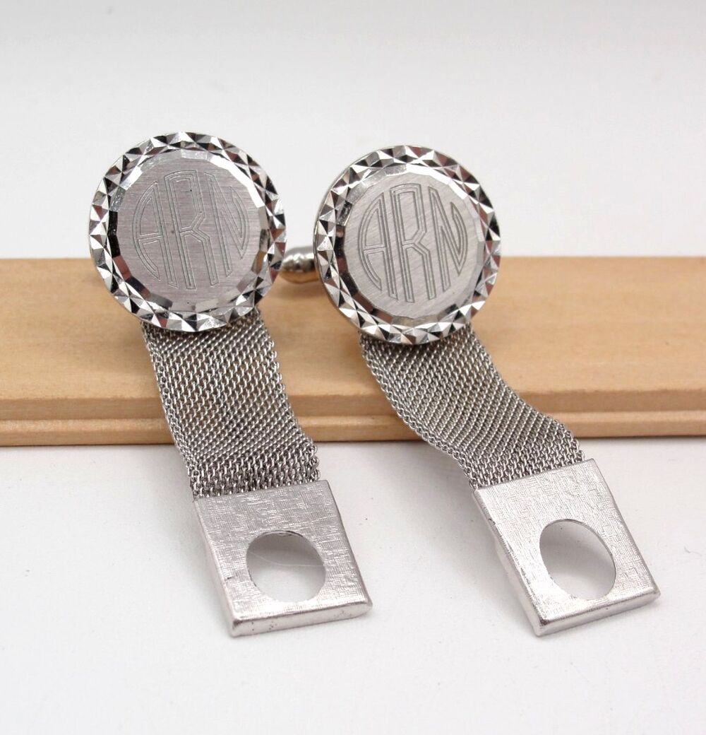 Vintage Silver Tone Wrap Around Mesh Cufflinks Diamond Cut Monogram ARN Retro